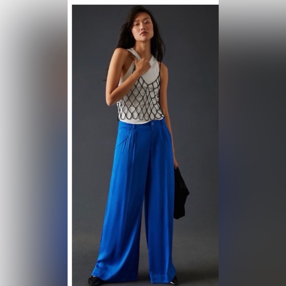 NWOT Anthropologie Low Rise Pleated Trousers in Blue Size 14